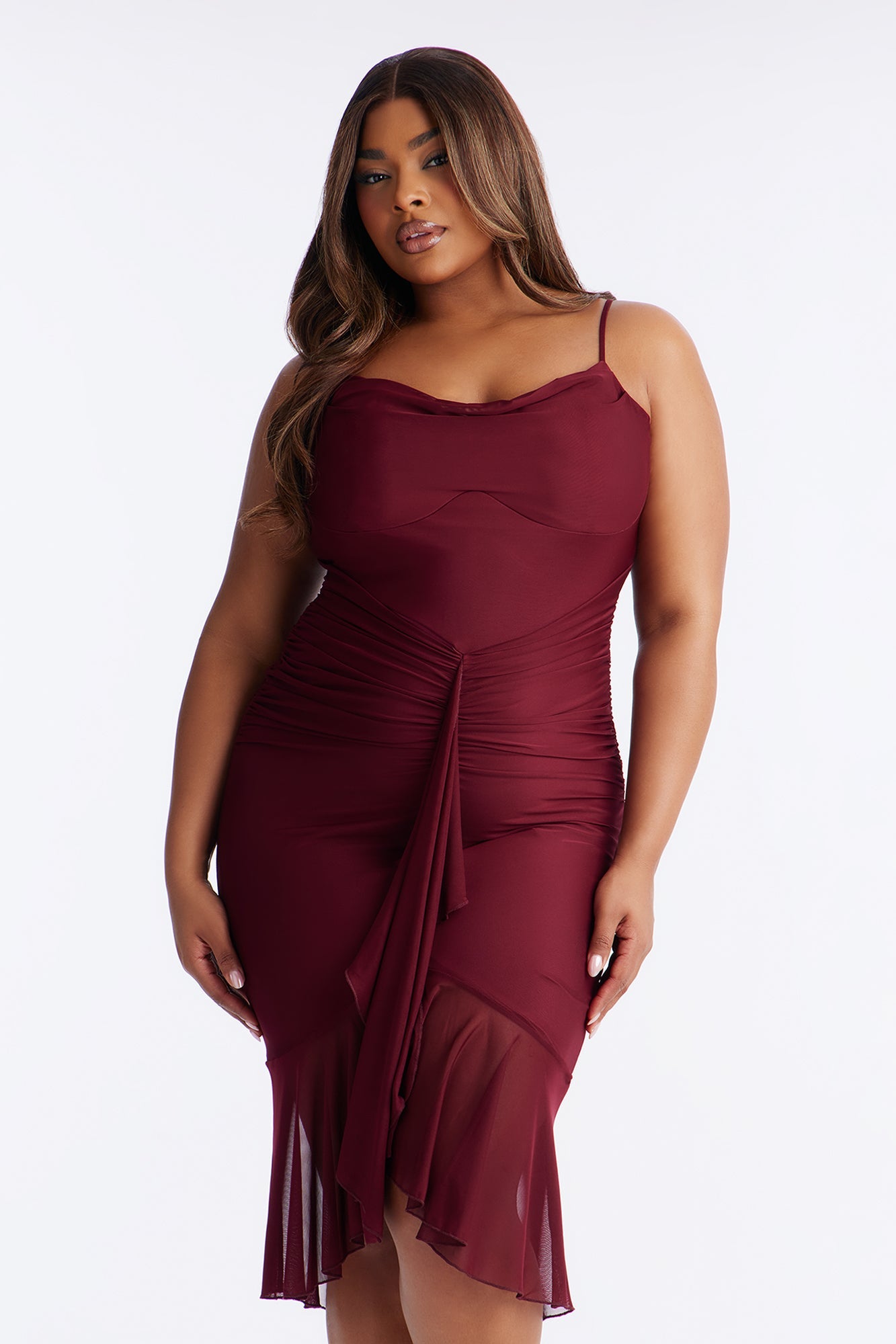Mine Tonight Ruched Mesh Midi Dress - Wine
