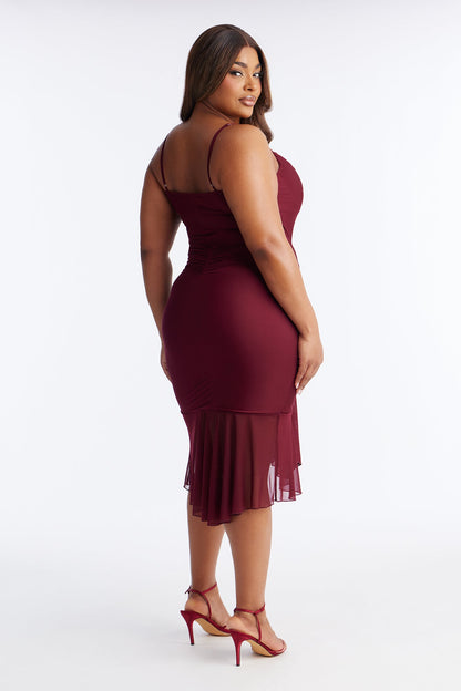 Mine Tonight Ruched Mesh Midi Dress - Wine