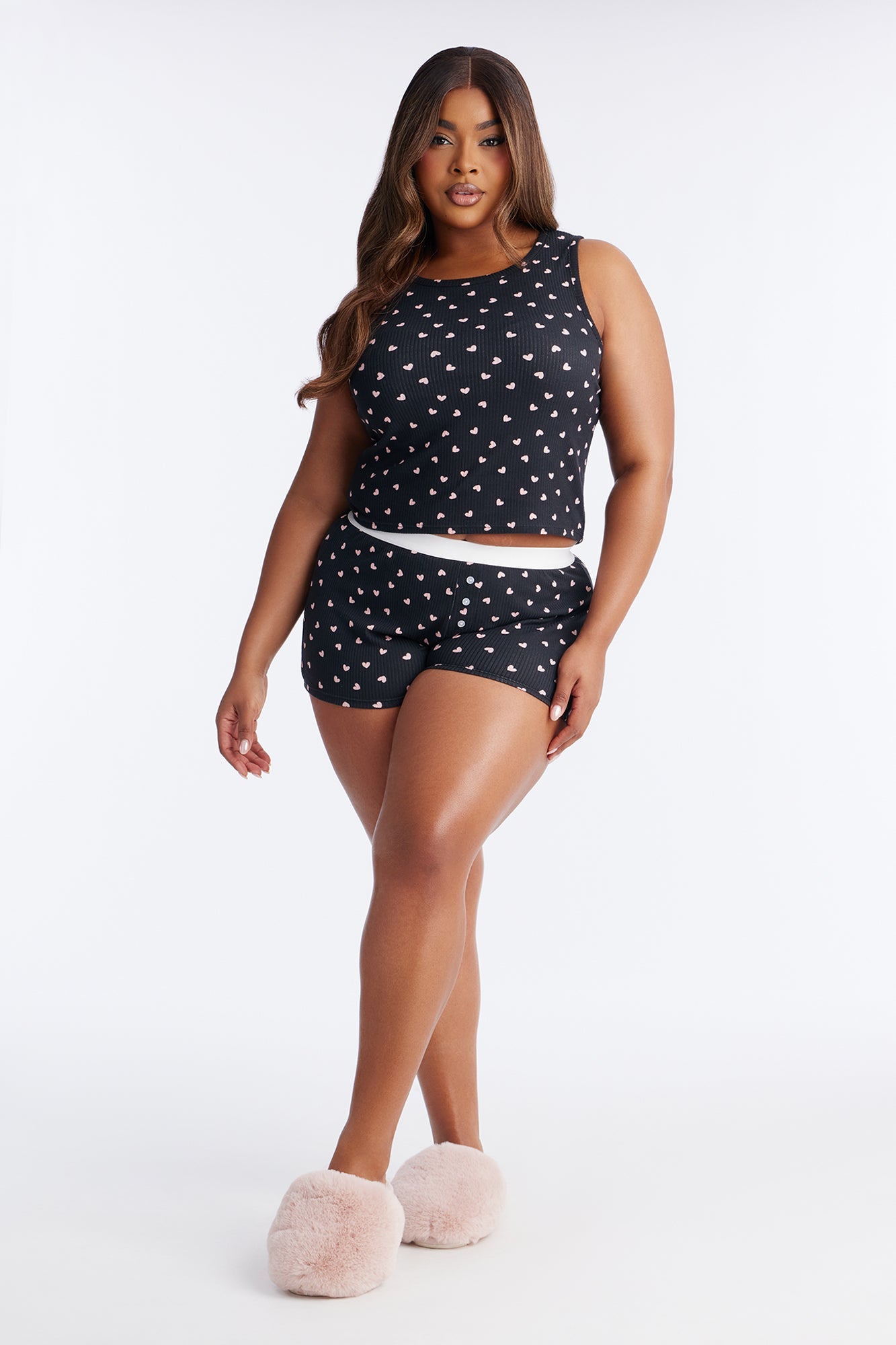 Fall For You Ribbed Tank PJ Boxer Short Set - Black/Pink