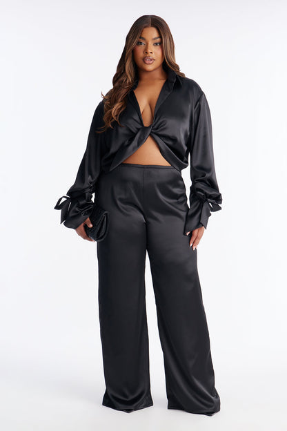Lost In Allure Satin Pant Set - Black
