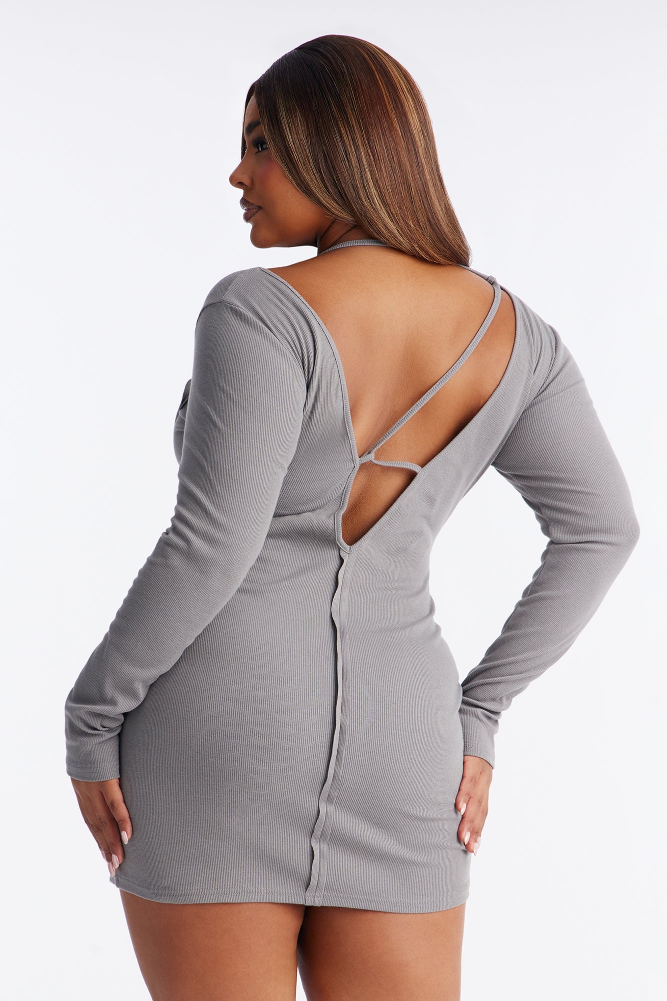 Celeste Long Sleeve Ribbed Mini Dress - Grey