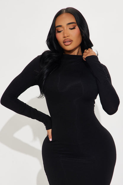 Smooth Double Lined Mock Neck Maxi Dress - Black