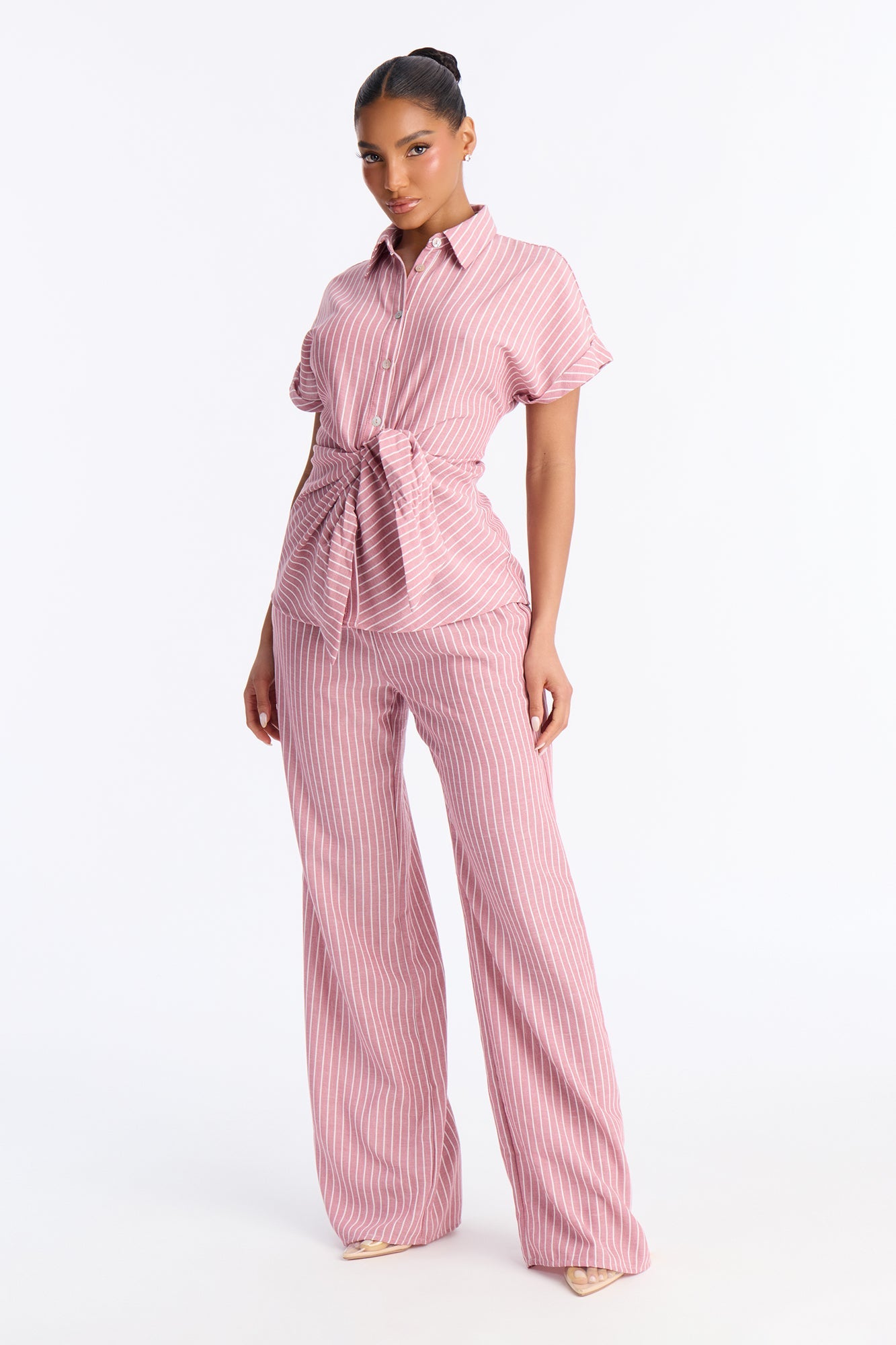 Lily Tie Front Stripe Linen Pant Set - Mauve