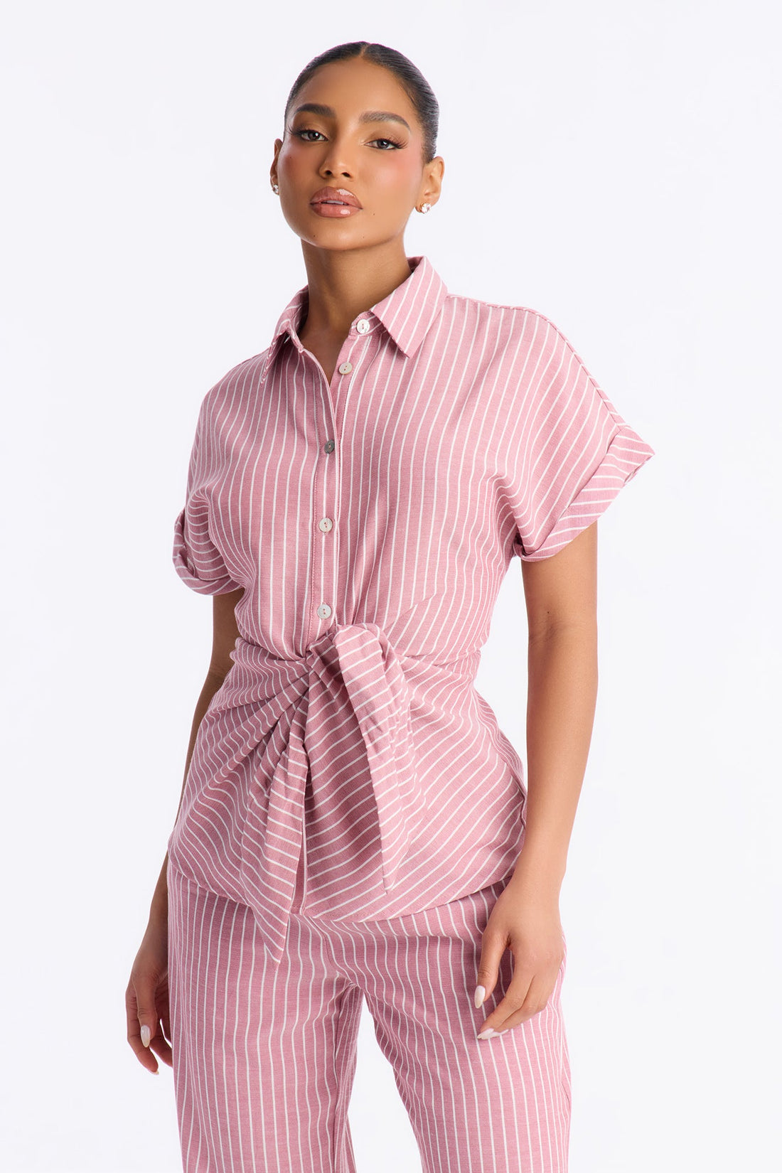 Lily Tie Front Stripe Linen Pant Set - Mauve