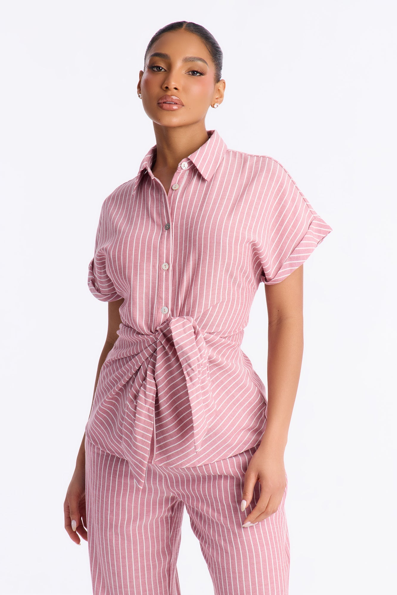 Lily Tie Front Stripe Linen Pant Set - Mauve