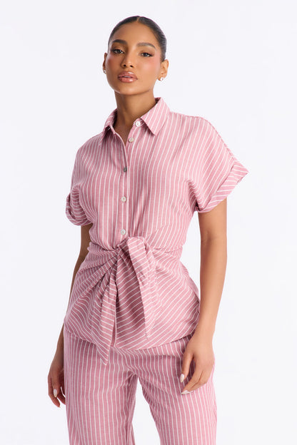 Lily Tie Front Stripe Linen Pant Set - Mauve