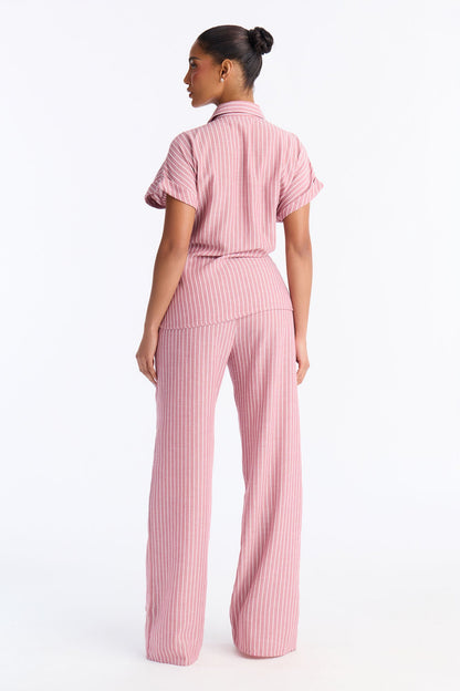 Lily Tie Front Stripe Linen Pant Set - Mauve