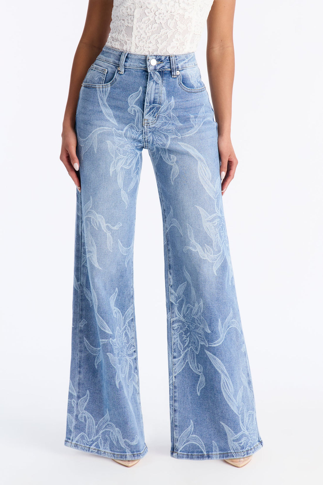 Botanical Blues Printed Wide Leg Jeans - Medium Wash
