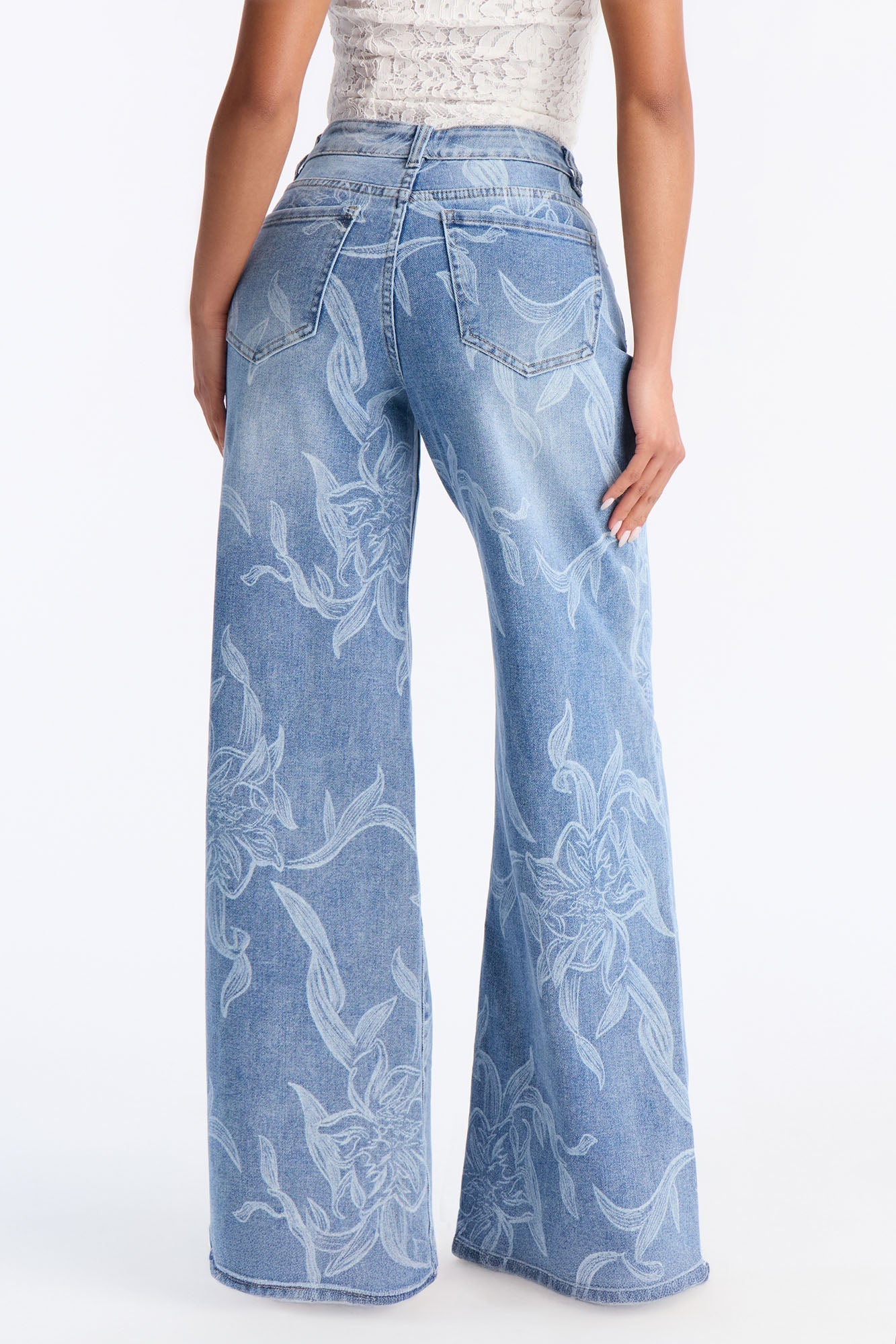 Botanical Blues Printed Wide Leg Jeans - Medium Wash