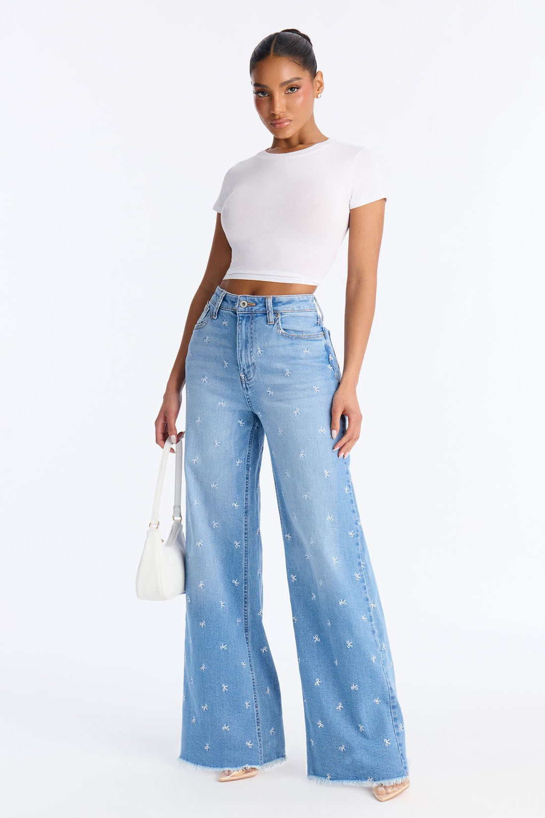 Bow Embroidered Wide Leg Jeans - Medium Wash