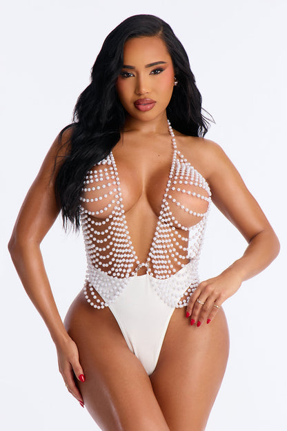 Clutch These Pearls Beaded Pearl Teddy - White