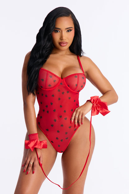 Kim Heart Throb Mesh Teddy &amp; Cuff Set - Red/combo
