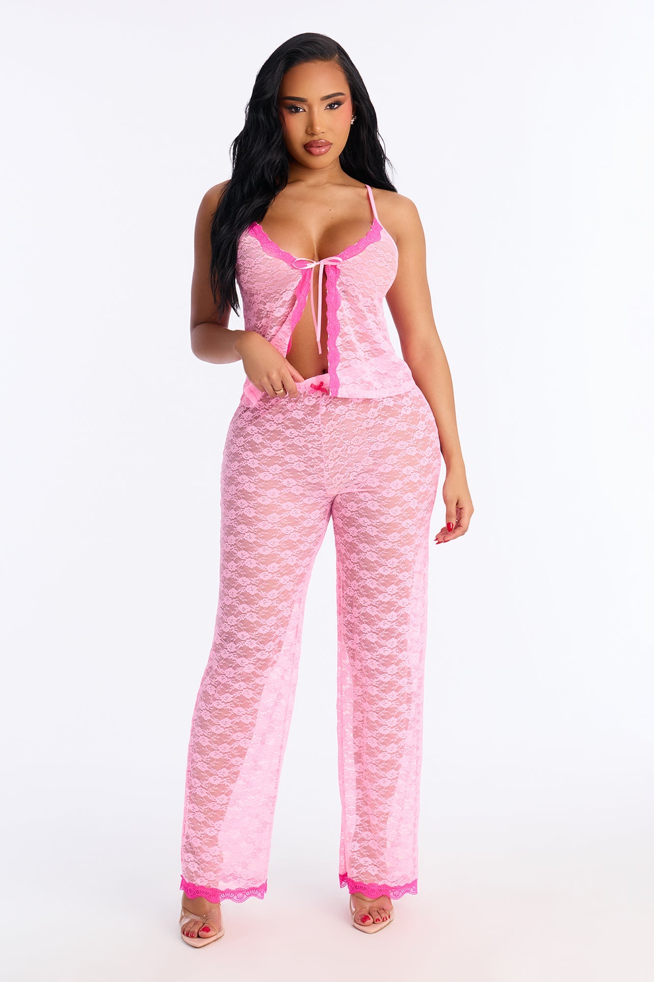 Nights Of Romance Lace Tie Front Cami Pant 2 Piece Set - Pink