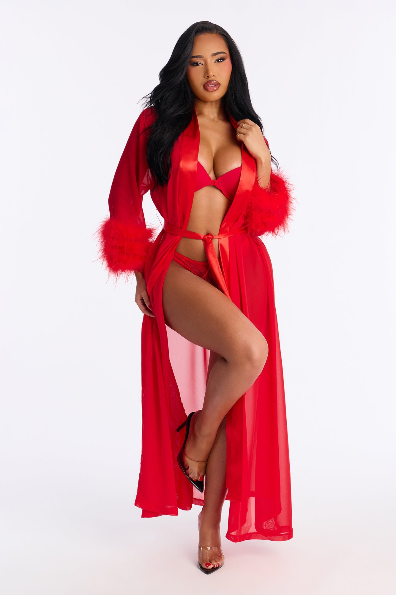 Love Me Harder Sheer Feather Trim Robe - Red