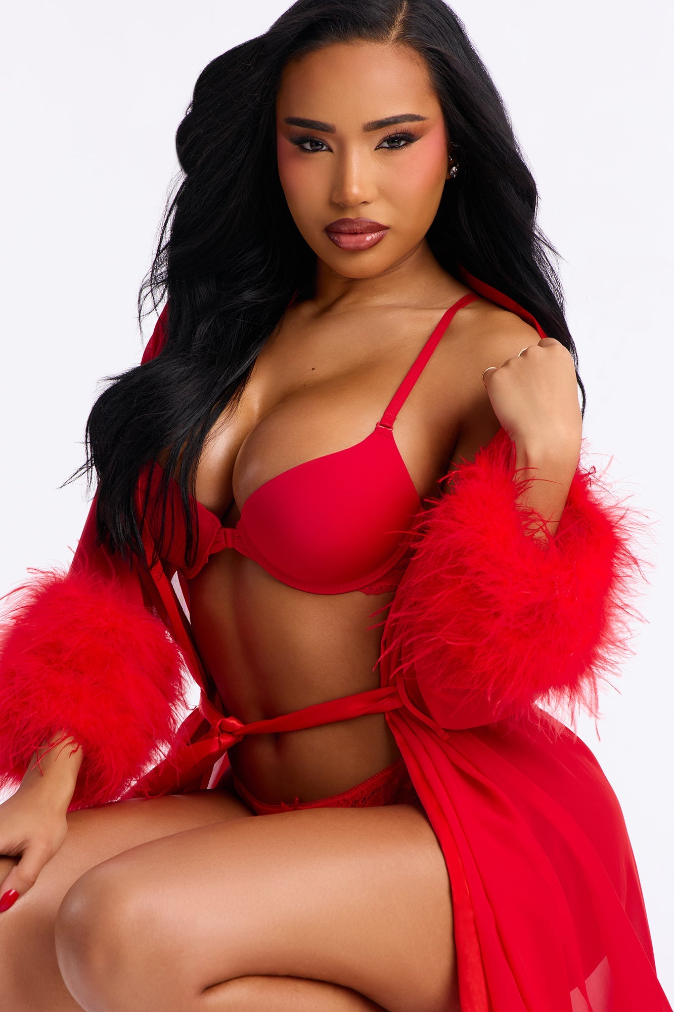 Love Me Harder Sheer Feather Trim Robe - Red