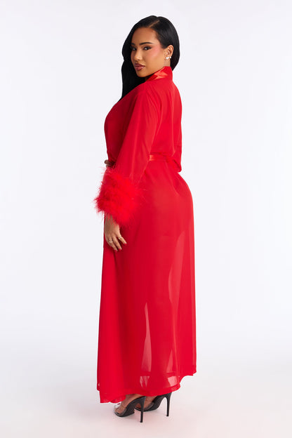 Love Me Harder Sheer Feather Trim Robe - Red