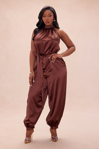 Sylvie Balloon Pant Satin Jumpsuit - Chocolate