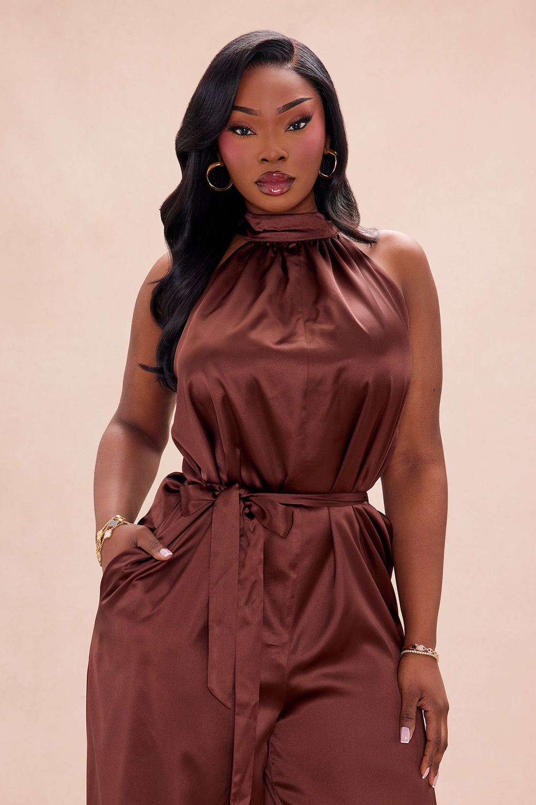 Sylvie Balloon Pant Satin Jumpsuit - Chocolate