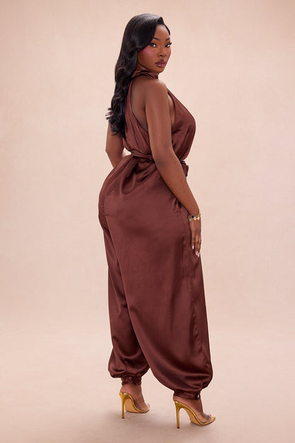 Sylvie Balloon Pant Satin Jumpsuit - Chocolate