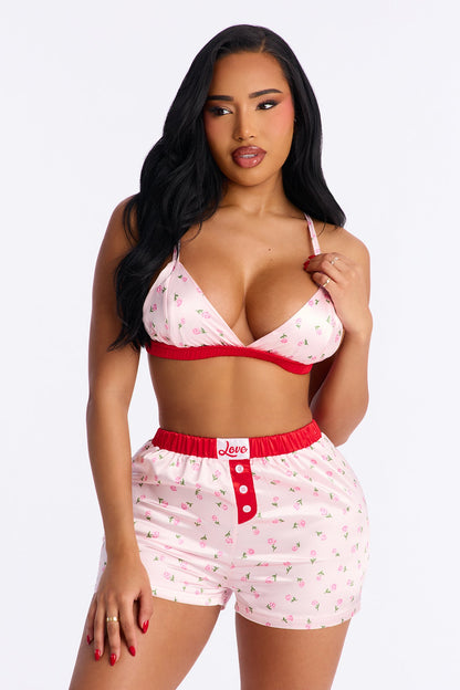 Rose Bouquet Satin Bralette PJ Boxer Short Set - Pink/combo