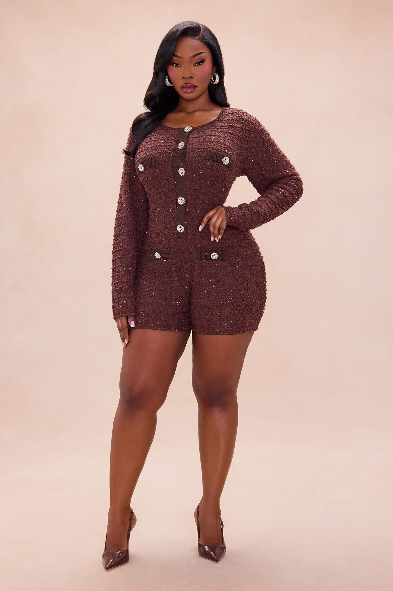 As If Embellished Tweed Romper - Chocolate