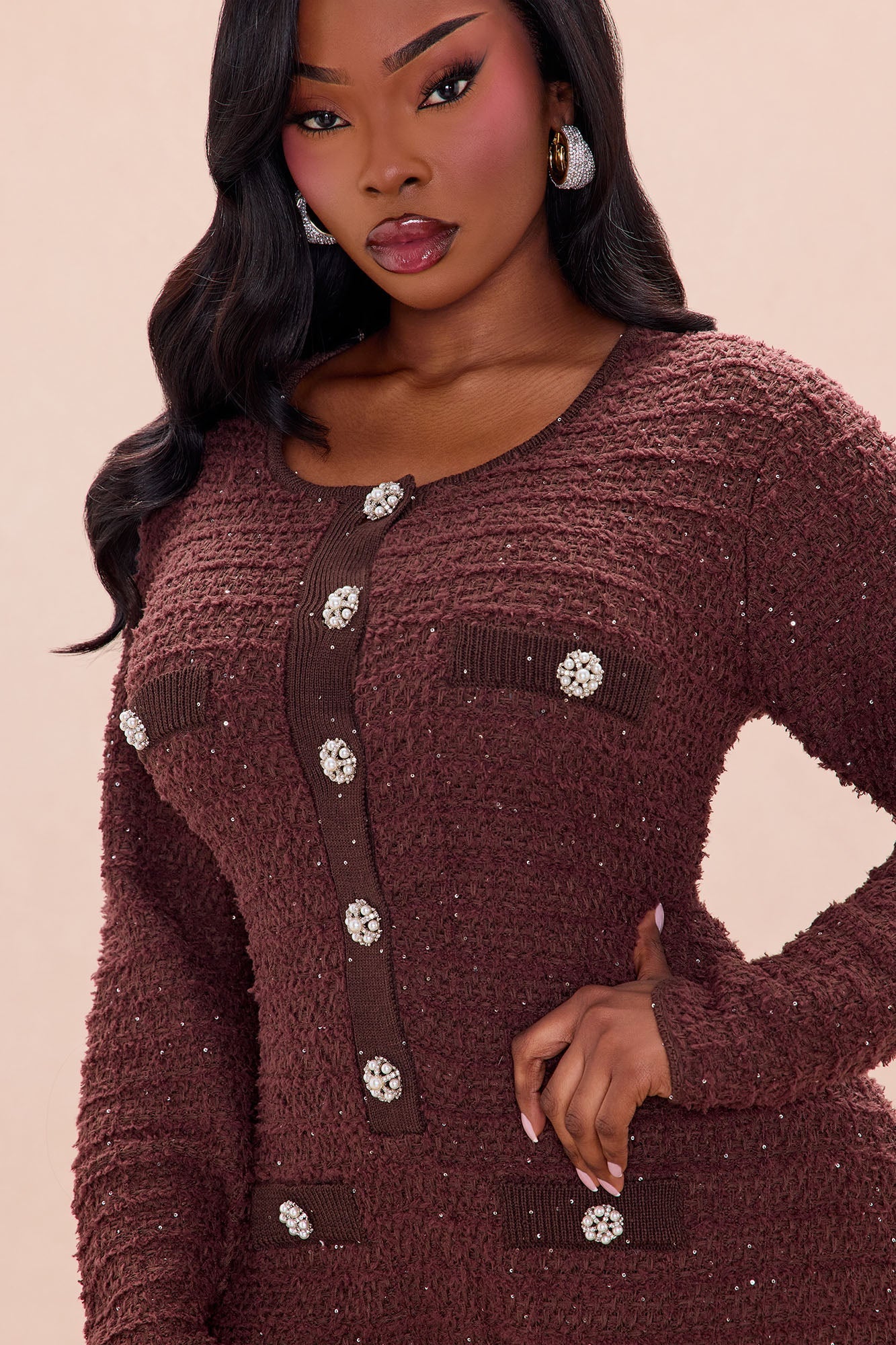As If Embellished Tweed Romper - Chocolate