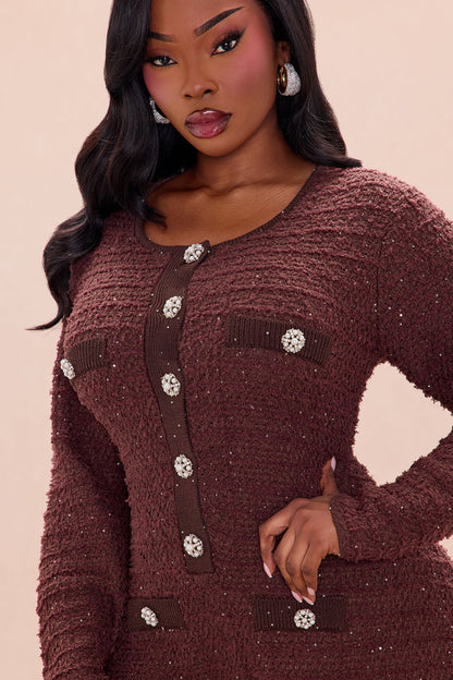 As If Embellished Tweed Romper - Chocolate