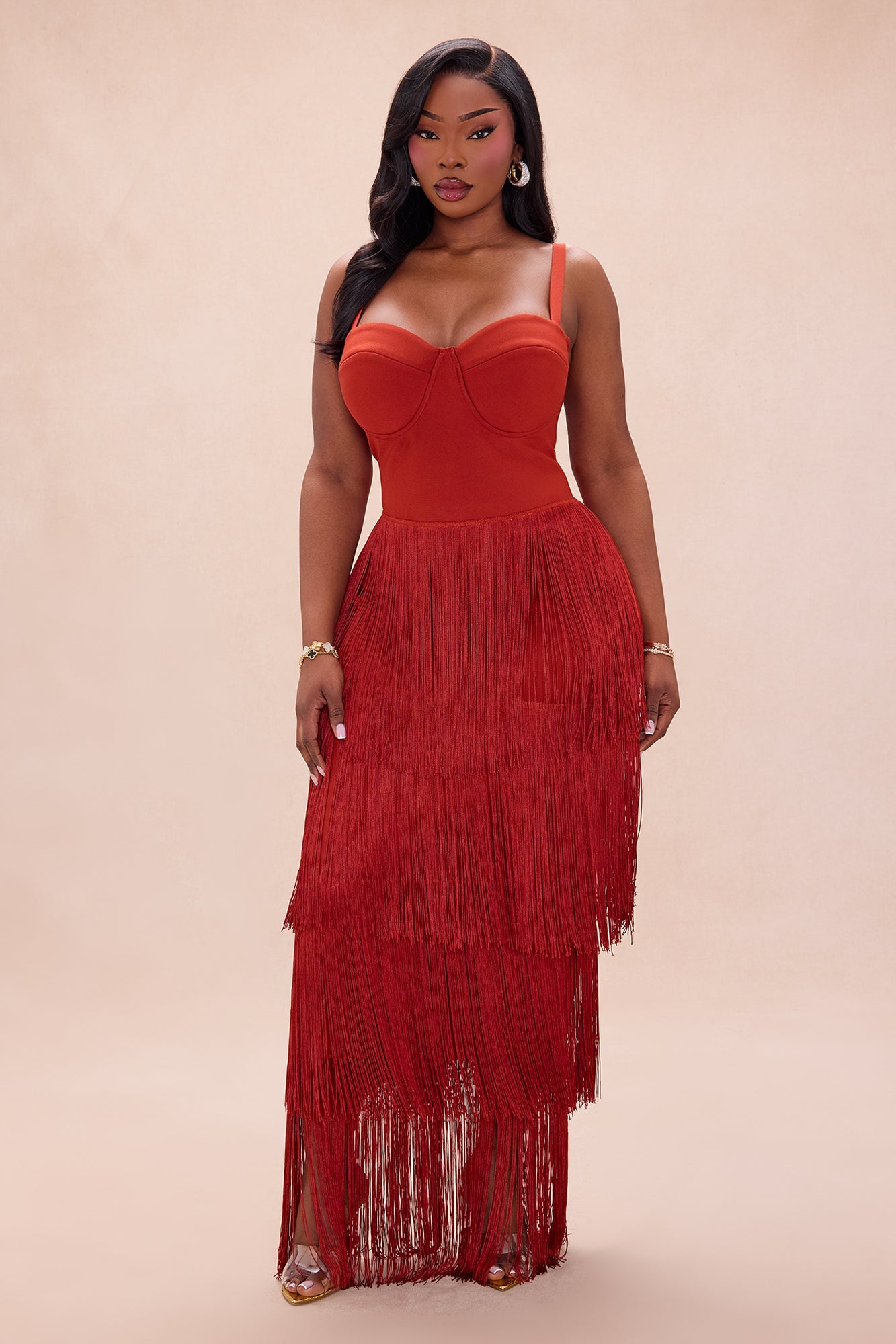 Faye Bandage Fringe Maxi Dress - Rust