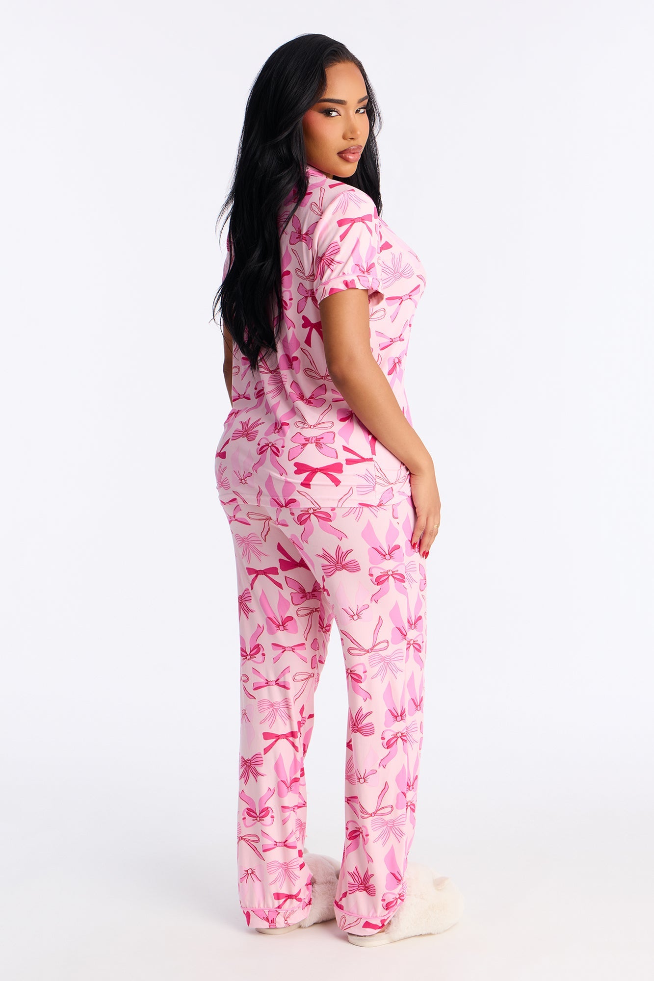 Ribbons And Bows Short Sleeve PJ Pant Set - Pink