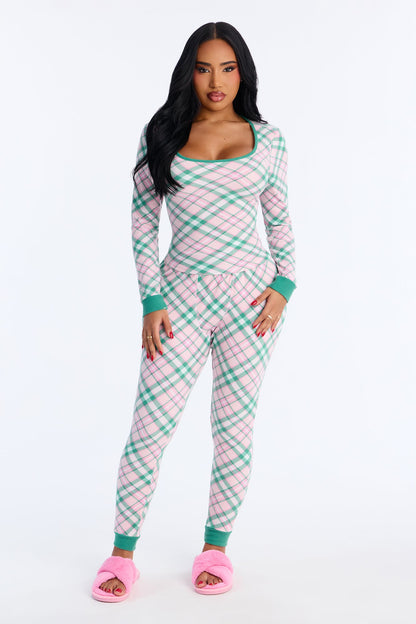 Feeling Sleepy Waffle Long Sleeve PJ Pant Set - Pink/combo