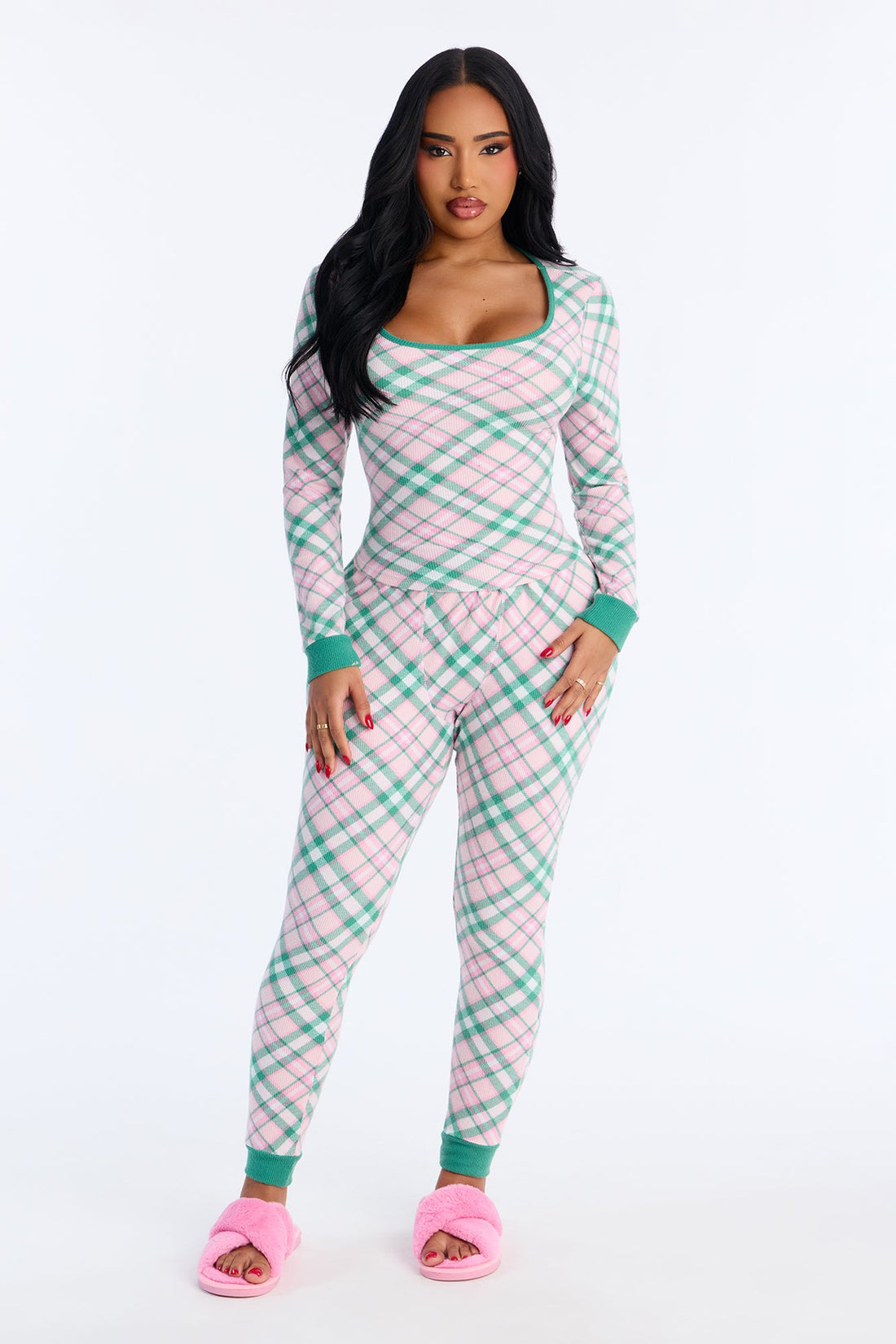Feeling Sleepy Waffle Long Sleeve PJ Pant Set - Pink/combo