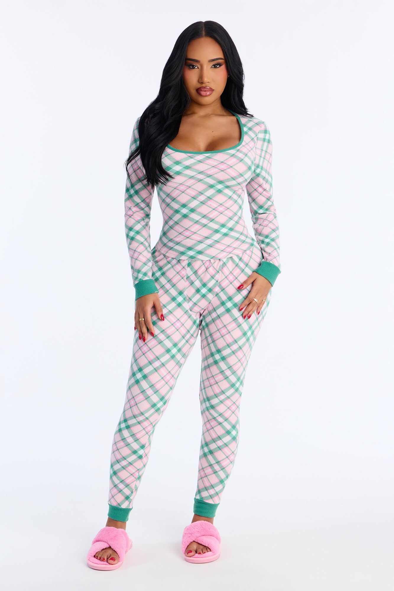 Feeling Sleepy Waffle Long Sleeve PJ Pant Set - Pink/combo