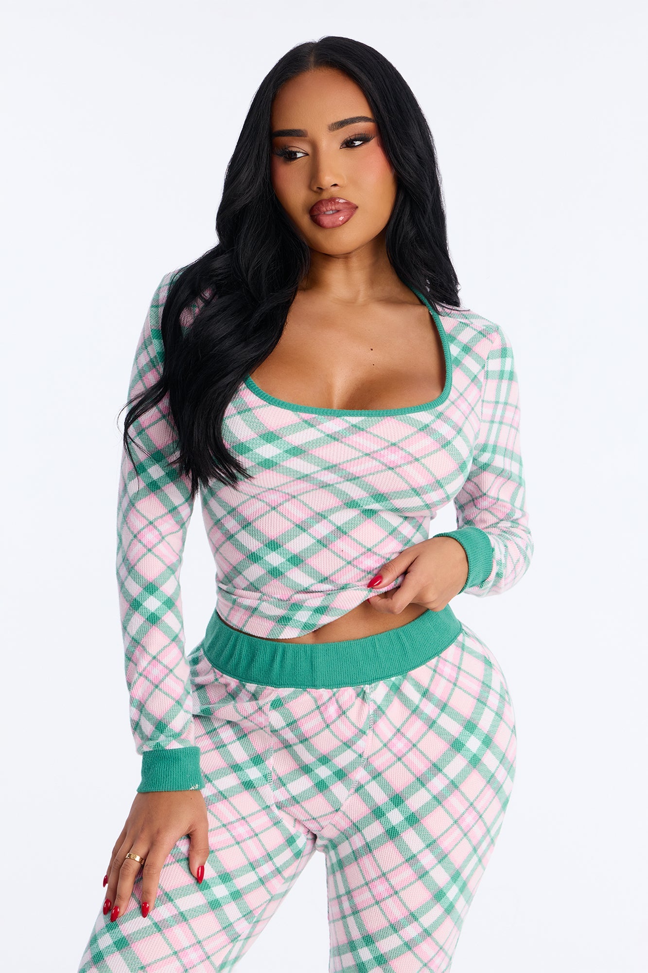 Feeling Sleepy Waffle Long Sleeve PJ Pant Set - Pink/combo