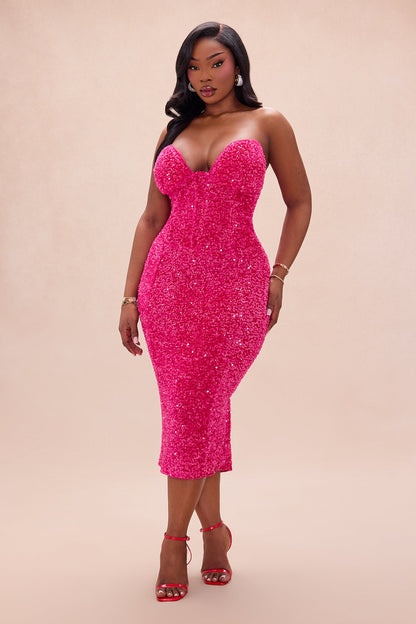 Analise Strapless Sequin Midi Dress - Hot Pink
