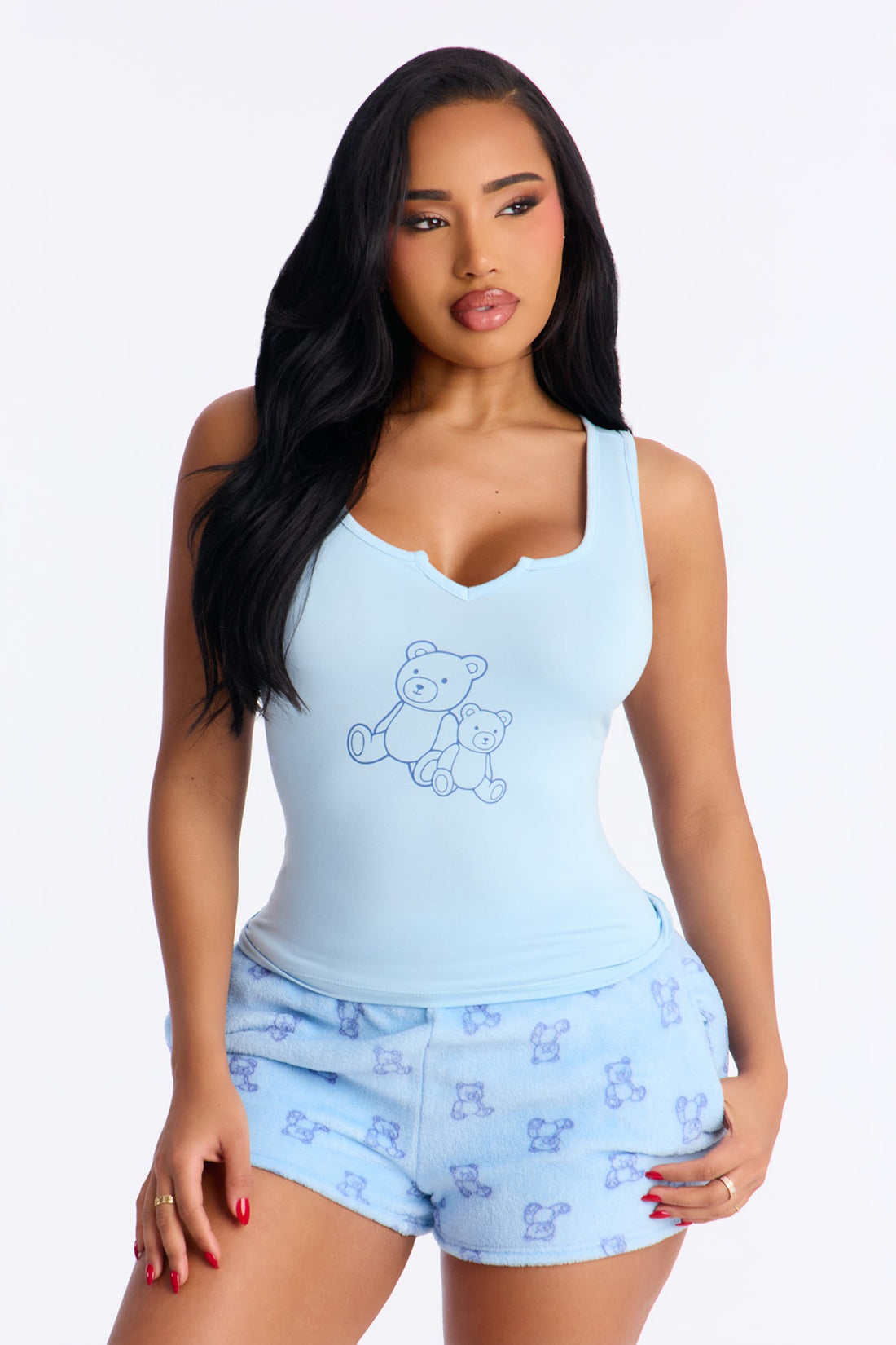 Teddy Bear Dreaming Tank Plush PJ Short Set - Light Blue