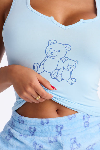 Teddy Bear Dreaming Tank Plush PJ Short Set - Light Blue