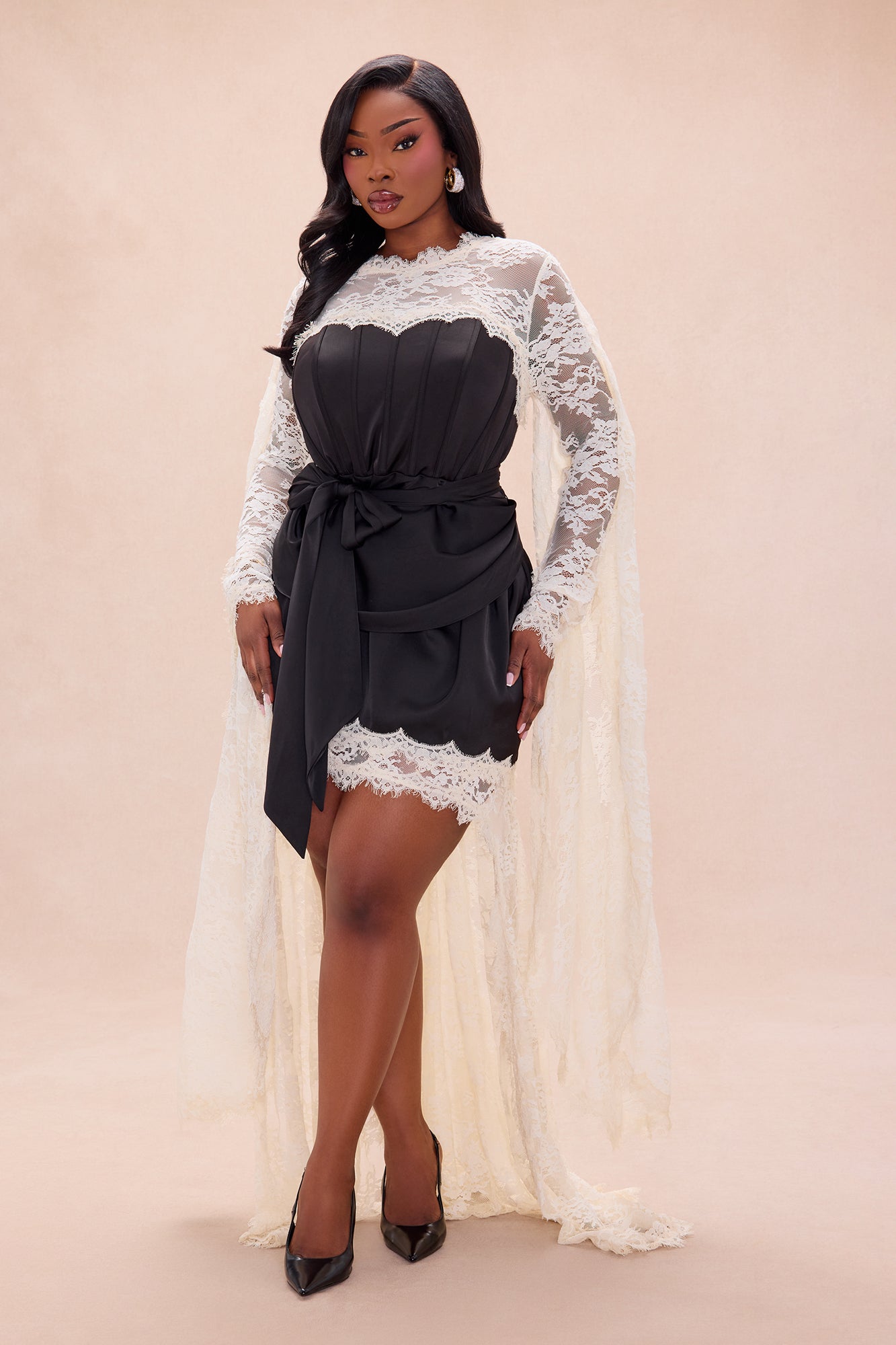 Amelia Satin Lace Mini Dress - Black