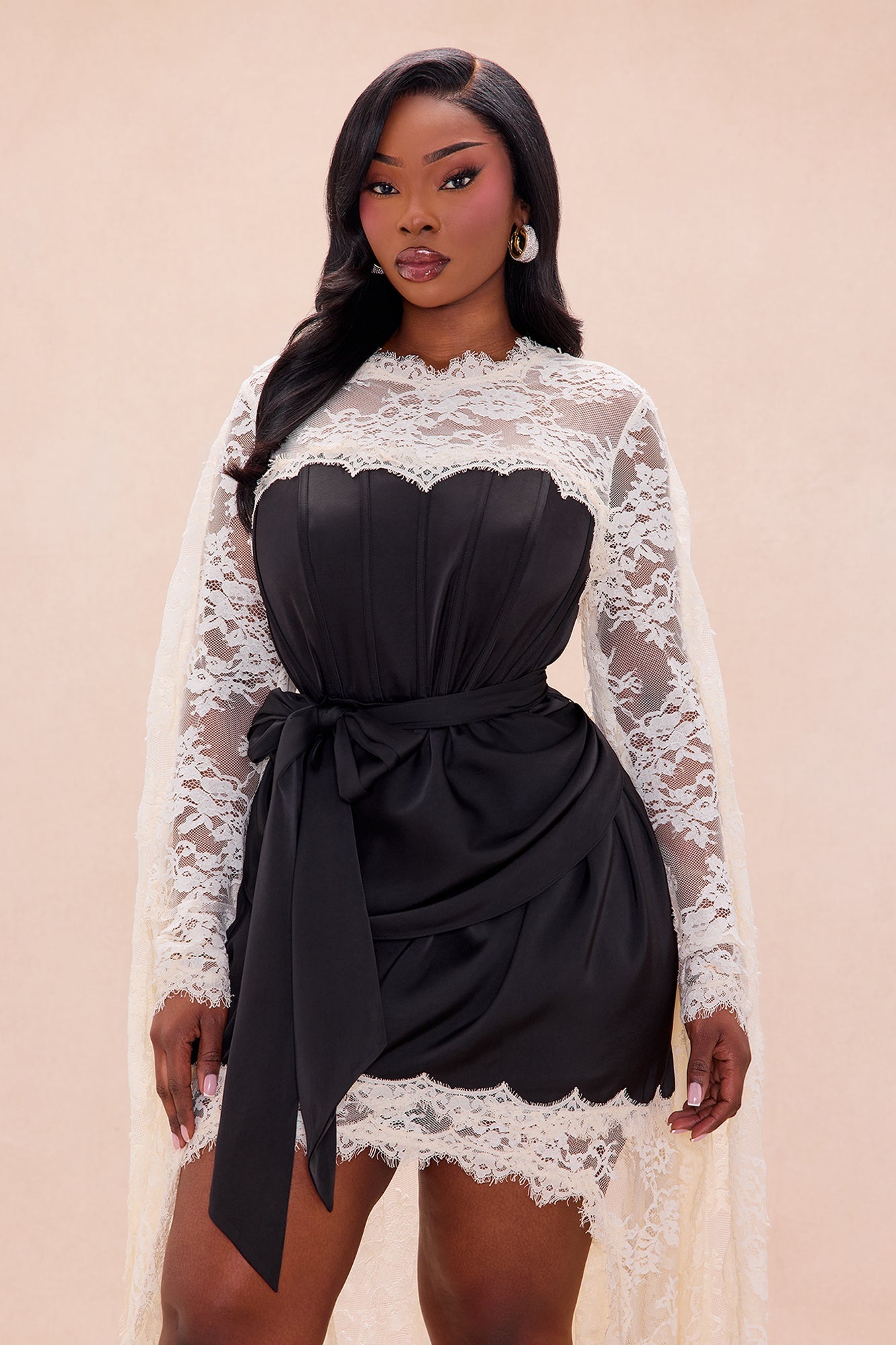 Amelia Satin Lace Mini Dress - Black