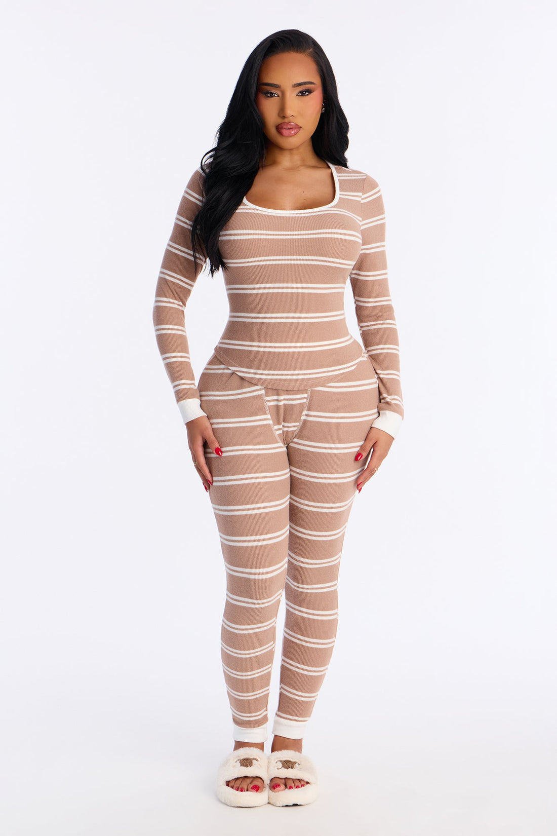 Cozy Morning Waffle Long Sleeve PJ Pant Set - Mocha