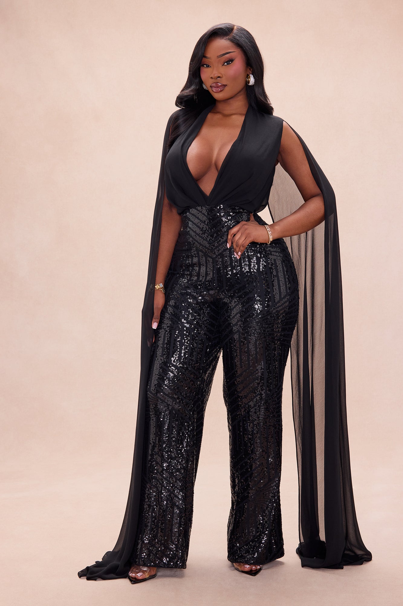Causing Commotion Draped Sequin Jumpsuit - Black