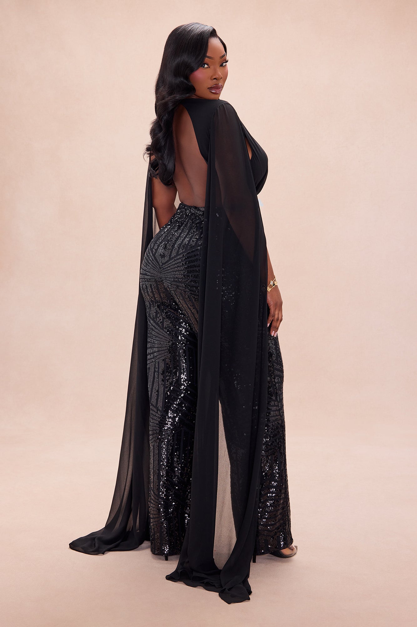 Causing Commotion Draped Sequin Jumpsuit - Black