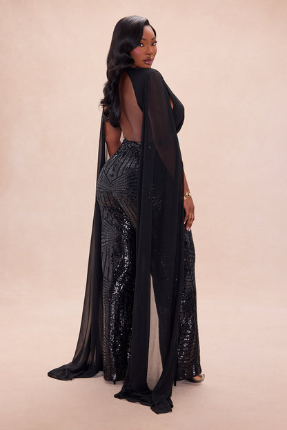 Causing Commotion Draped Sequin Jumpsuit - Black