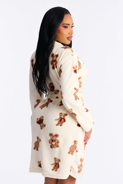 Beary Cozy Plush PJ Robe - Ivory/combo