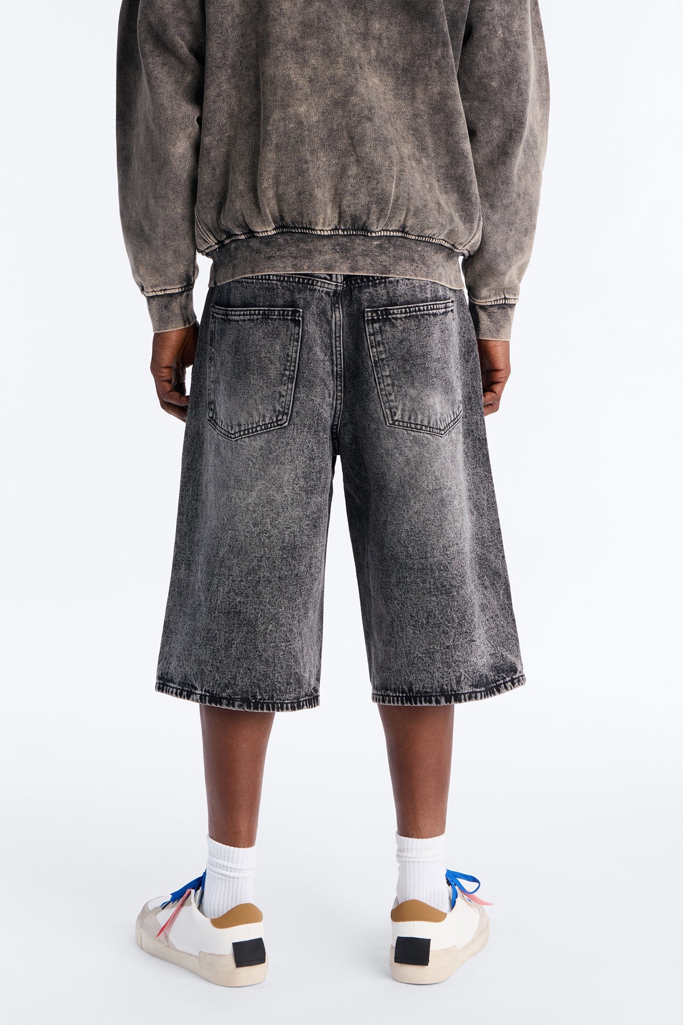 Baggy Embossed Linez Denim Short - Acid Wash Black
