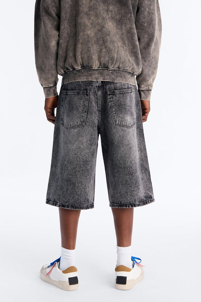 Baggy Embossed Linez Denim Short - Acid Wash Black