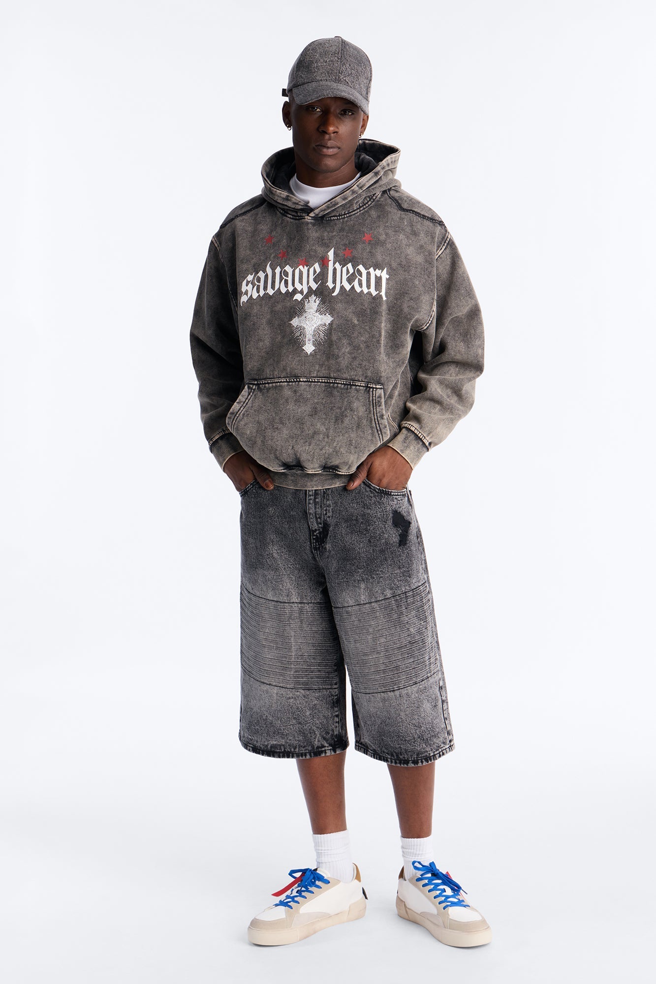 Baggy Embossed Linez Denim Short - Acid Wash Black