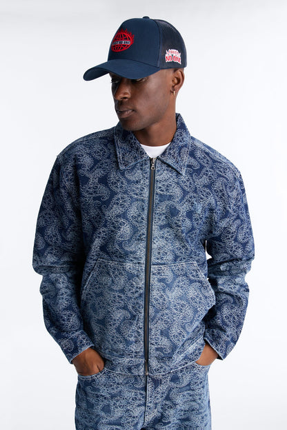 Cropped Paisley Jacquard Denim Work Jacket - Dark Wash