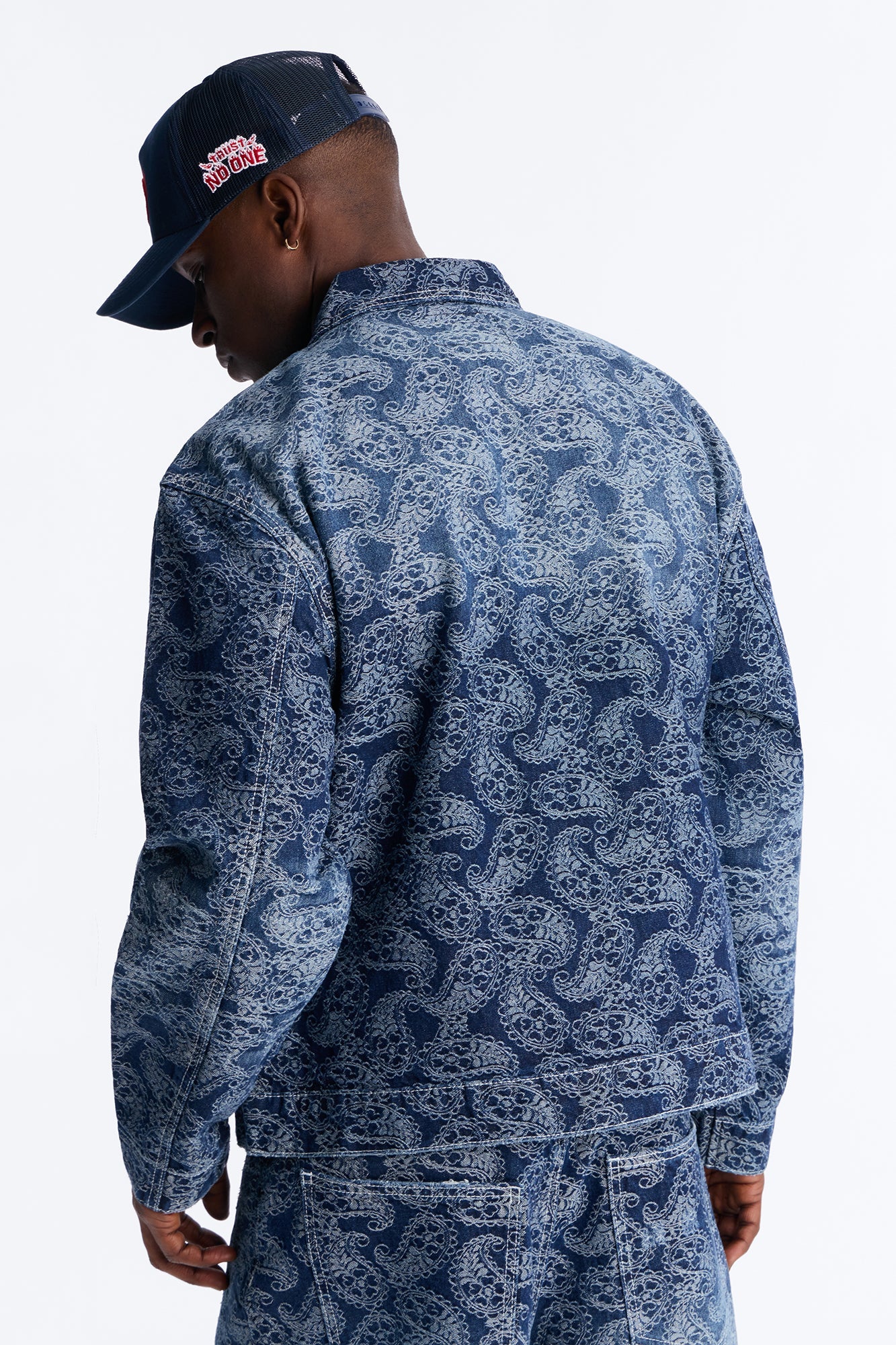 Cropped Paisley Jacquard Denim Work Jacket - Dark Wash