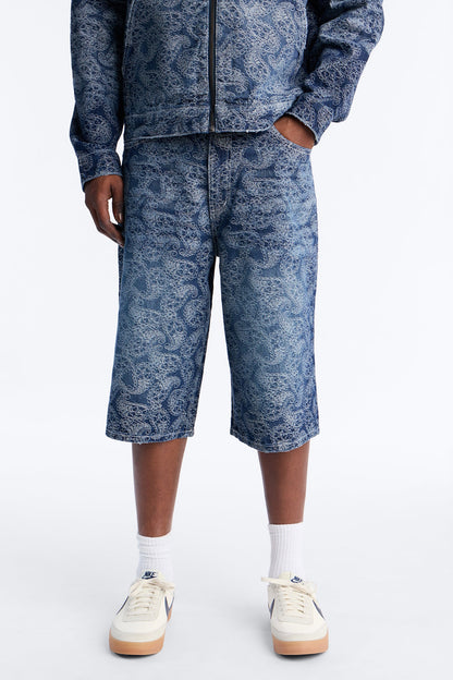 Baggy Paisley Jacquard Denim Short - Dark Wash
