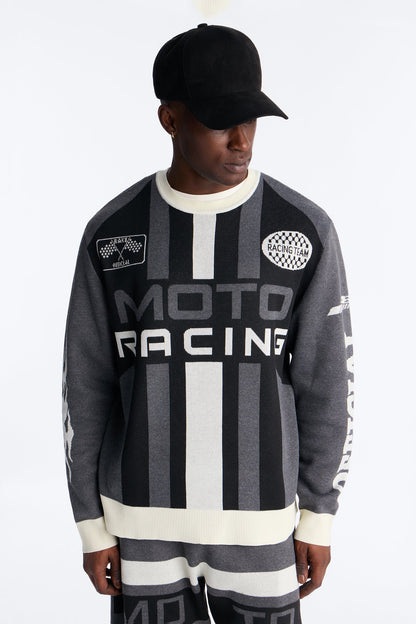 Retro Moto Stripe Sweater Shirt - Grey